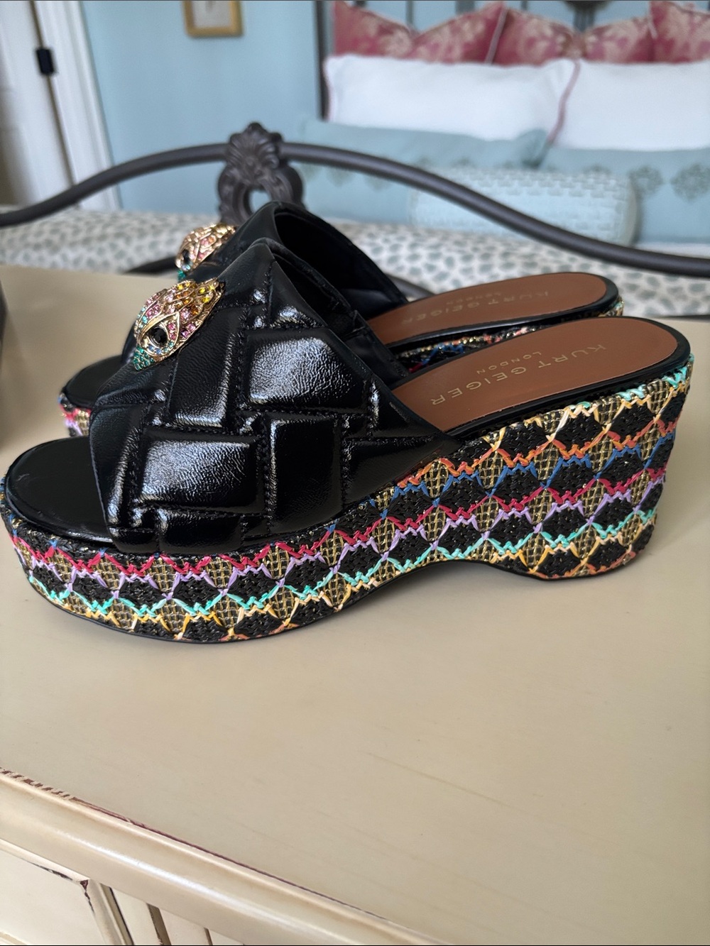 Kurt Geiger Black Quilted Platform Slide Mules with Multicolor Woven Sole - Picture 4 of 8